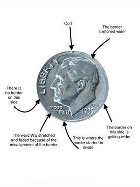 1985 D Roosevelt Dime with Cud and Misalignment Error